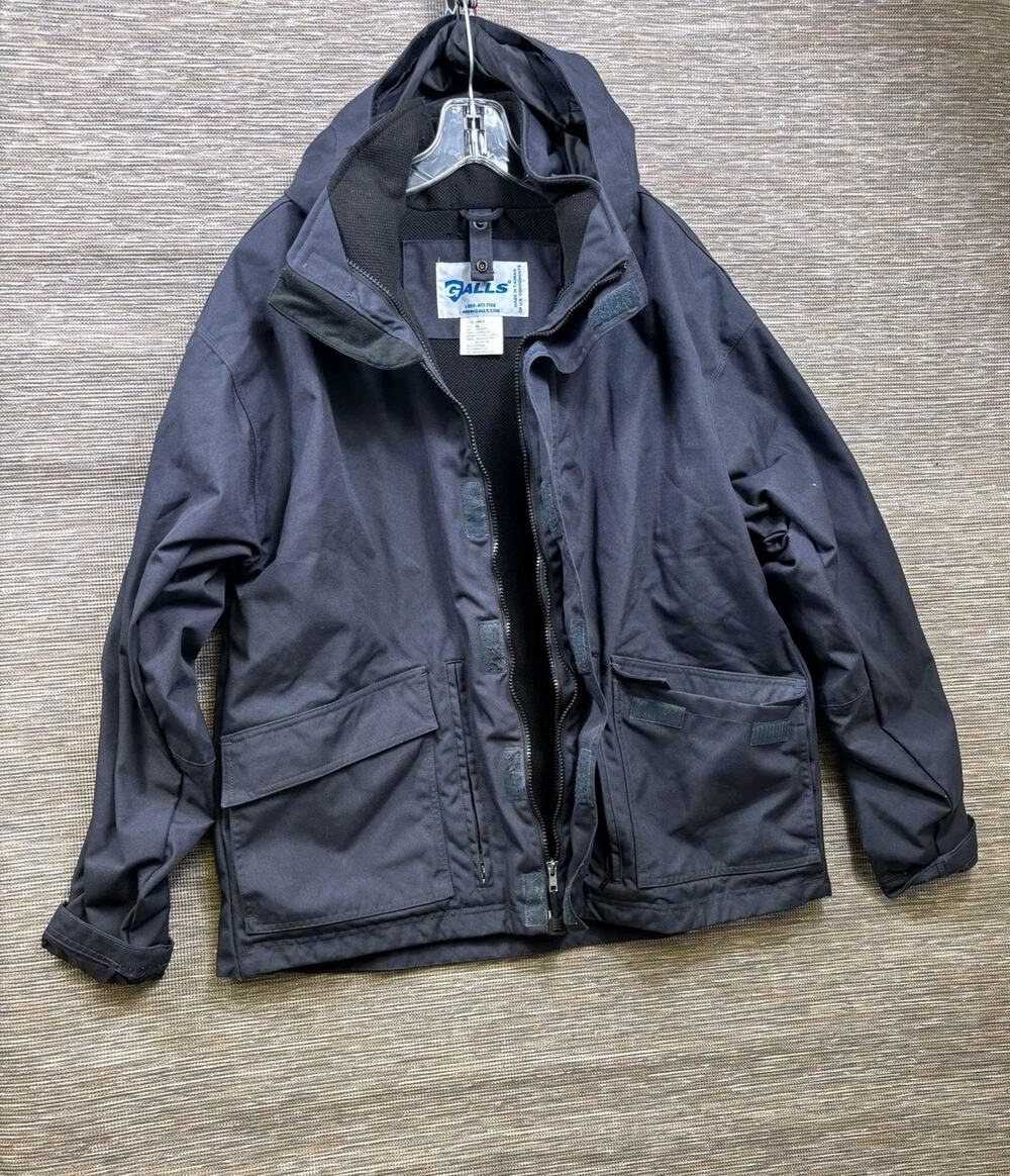 Galls Jacket Mens XL Gray Hooded Waterproof Nylon Parka Zip Pockets JA418